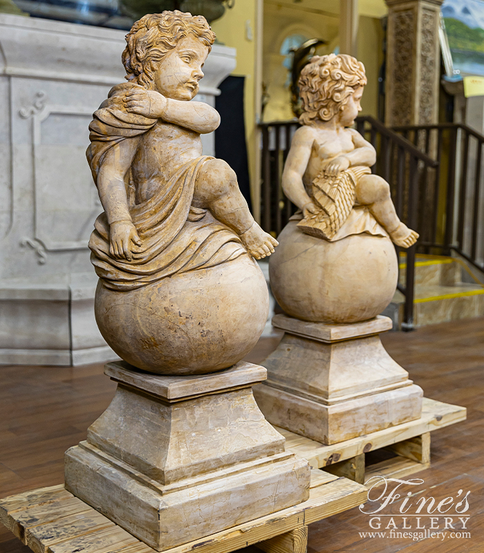 Marble Statues  - Pair Of Cherubs In Rare Breccia Tone Marble - MS-210